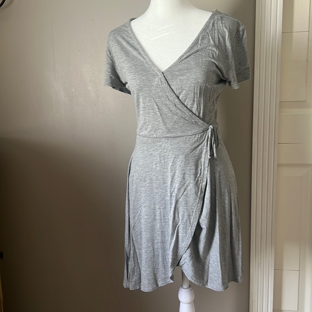 Grey Knit Faux Wrap Dress